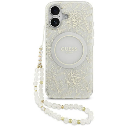 MagSafe cover til Apple iPhone 17, Guess, IML Flowers with Pearl Strap, Hvid