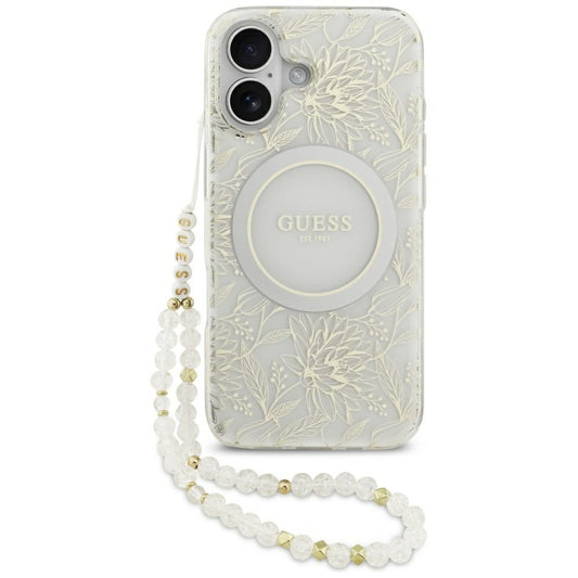 MagSafe cover til Apple iPhone 17, Guess, IML Flowers with Pearl Strap, Hvid