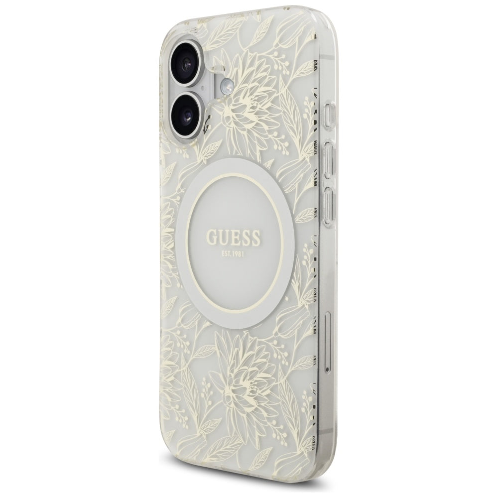 MagSafe cover til Apple iPhone 17, Guess, IML Flowers with Pearl Strap, Hvid