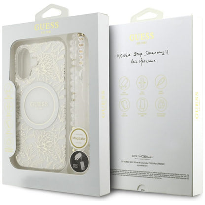 MagSafe cover til Apple iPhone 17, Guess, IML Flowers with Pearl Strap, Hvid