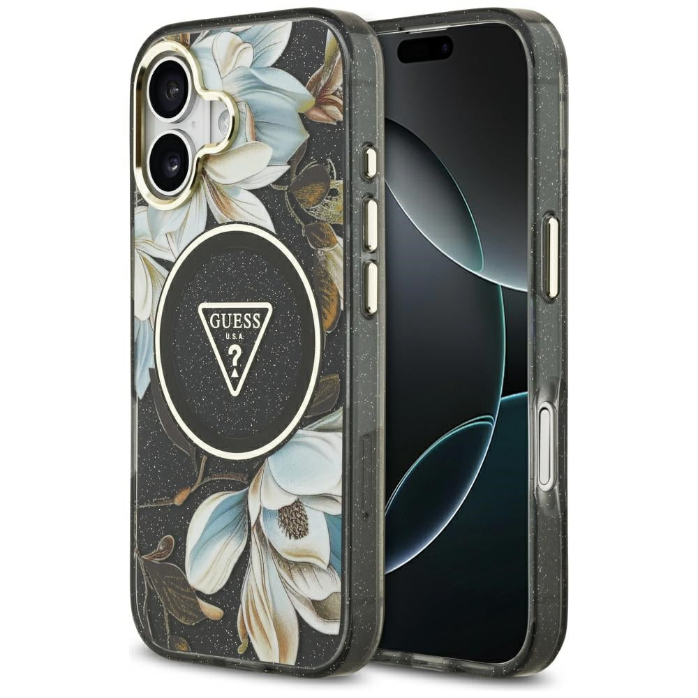 MagSafe cover til Apple iPhone 17, Guess, IML Metal Glitter Flowers Triangle, Sort