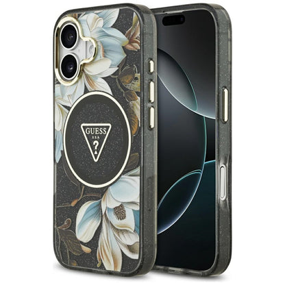MagSafe cover til Apple iPhone 17, Guess, IML Metal Glitter Flowers Triangle, Sort