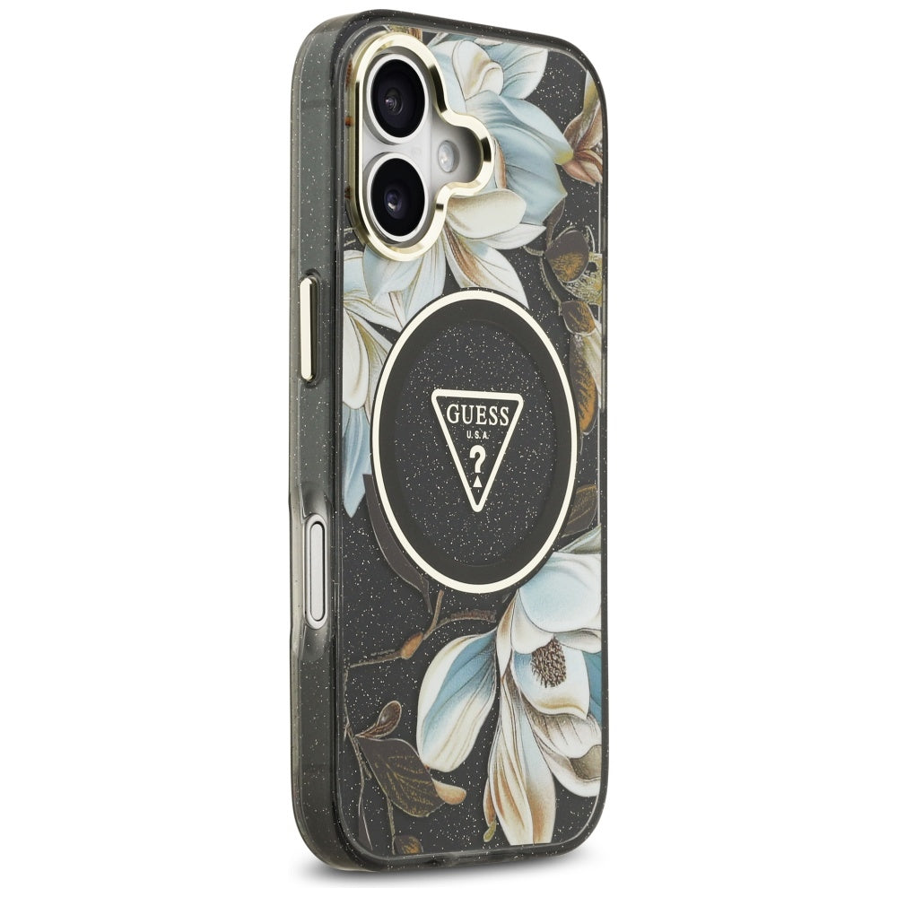 MagSafe cover til Apple iPhone 17, Guess, IML Metal Glitter Flowers Triangle, Sort