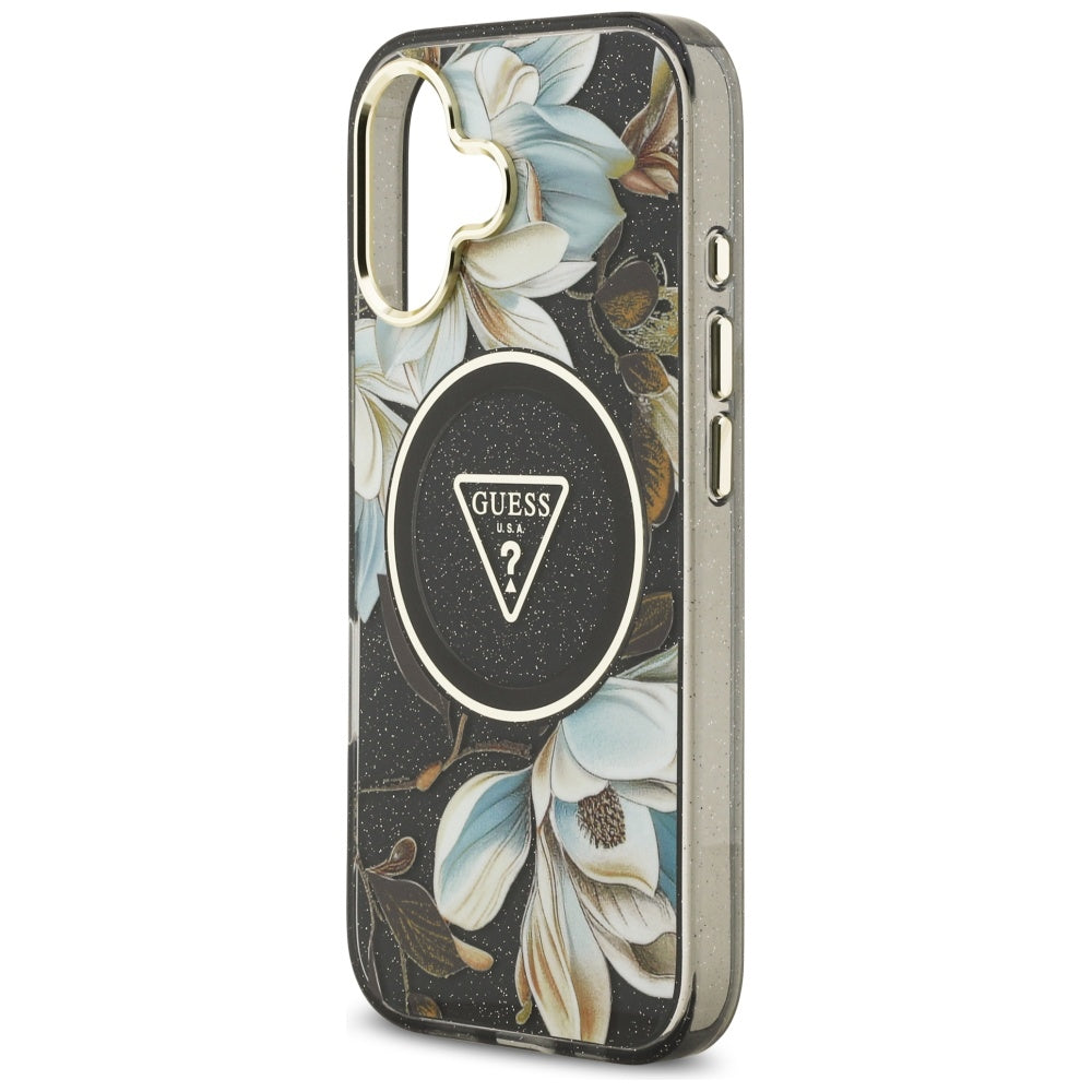 MagSafe cover til Apple iPhone 17, Guess, IML Metal Glitter Flowers Triangle, Sort