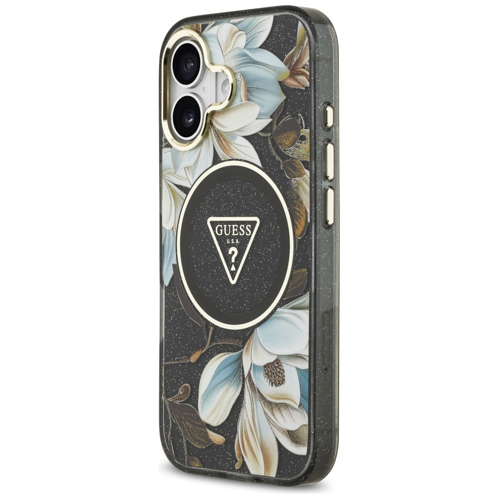 MagSafe cover til Apple iPhone 17, Guess, IML Metal Glitter Flowers Triangle, Sort