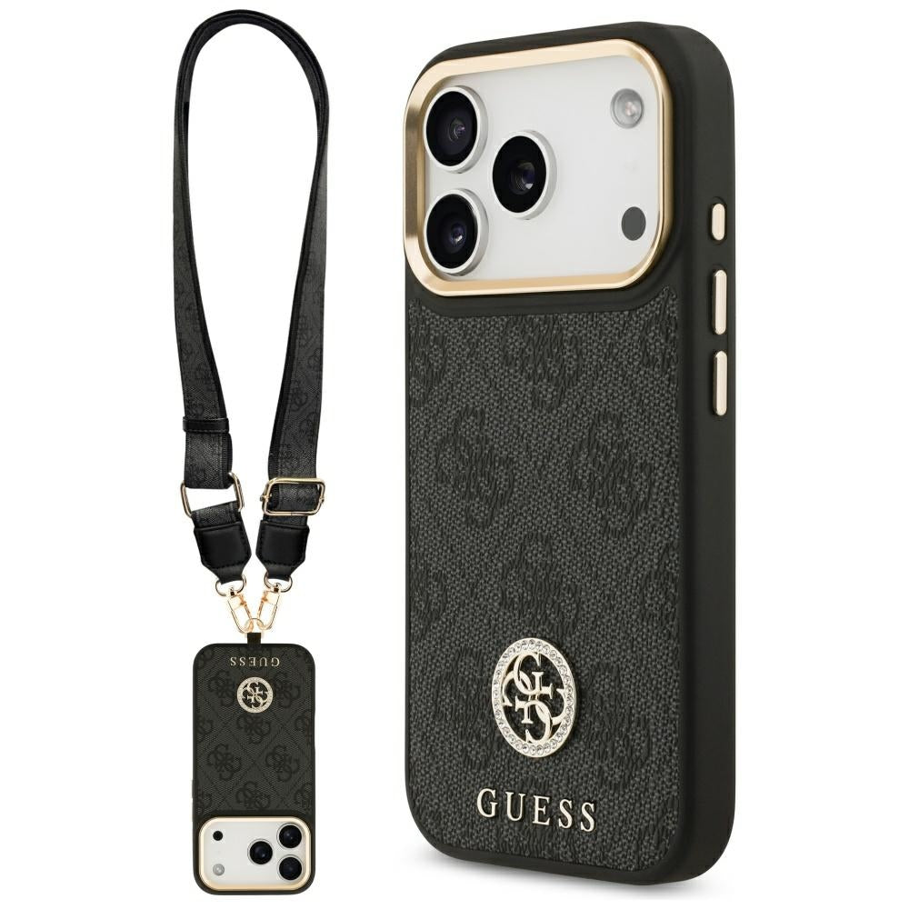 MagSafe cover til Apple iPhone 17 Pro, Guess, 4G Strass Logo med stor rem, sort