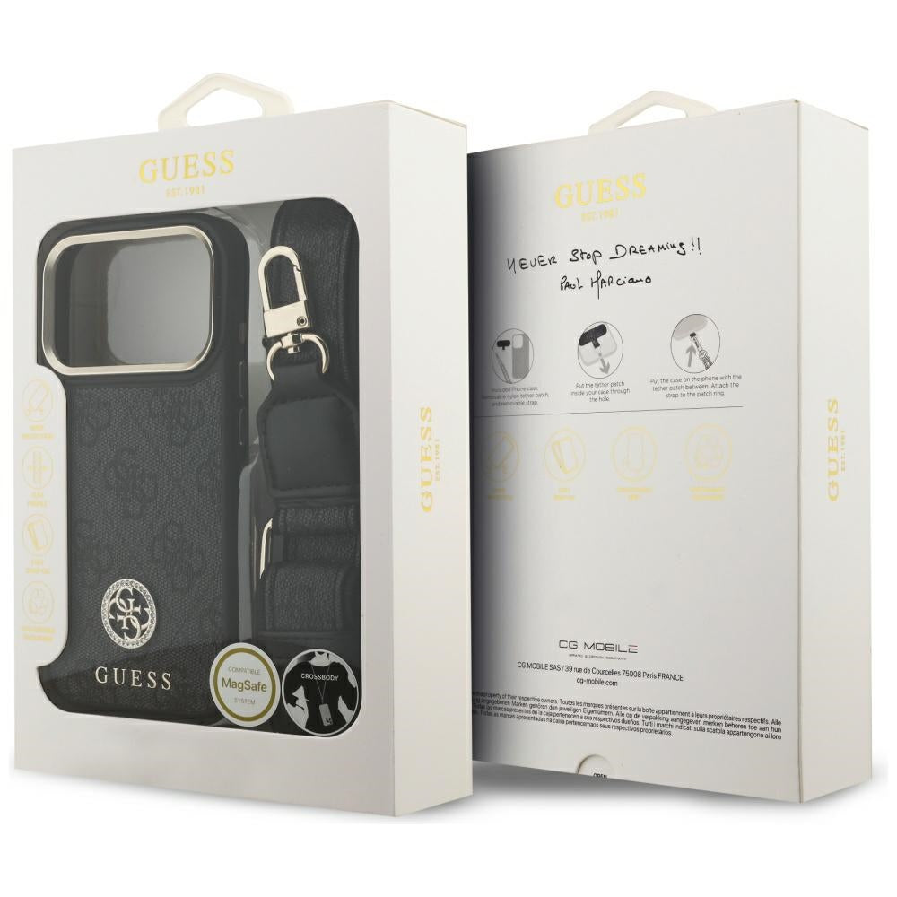 MagSafe cover til Apple iPhone 17 Pro, Guess, 4G Strass Logo med stor rem, sort