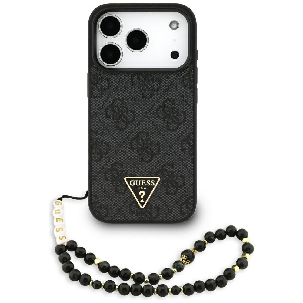MagSafe cover til Apple iPhone 17 Pro, Guess, 4G Triangle Logo med snorestrop, Sort