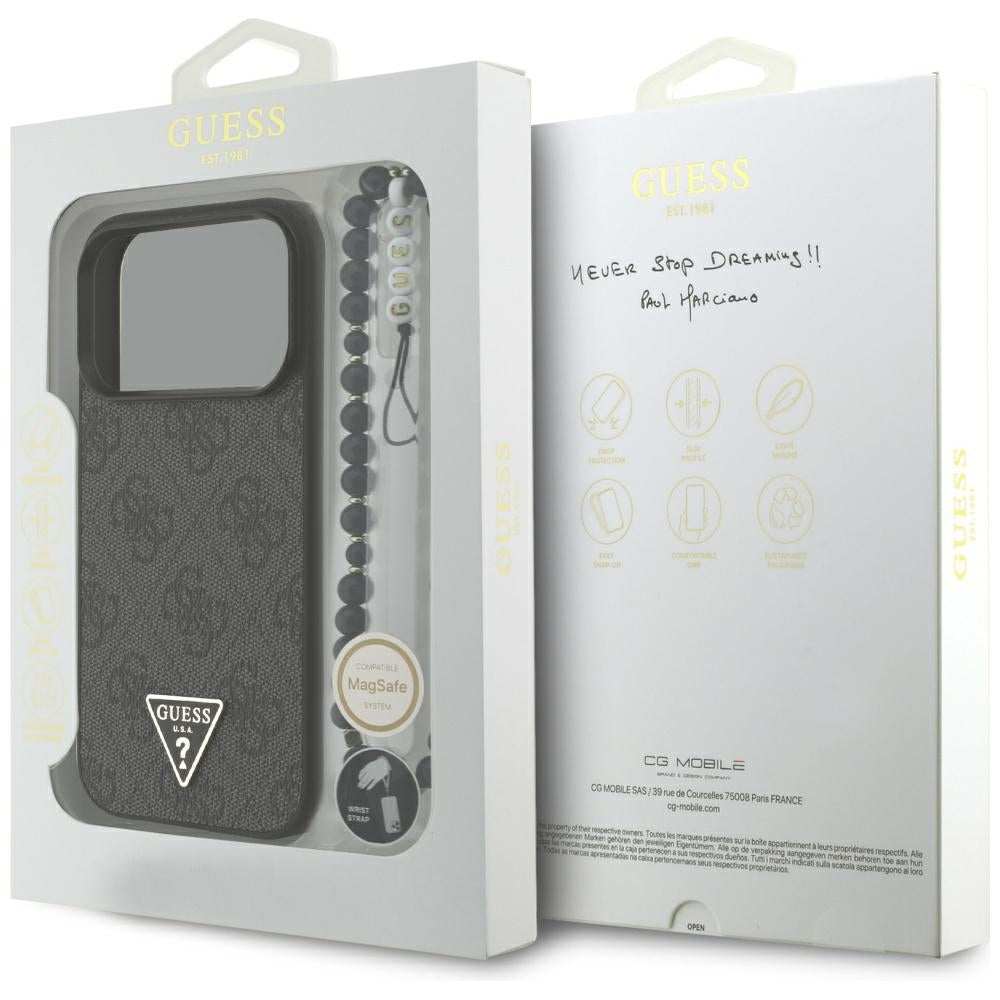 MagSafe cover til Apple iPhone 17 Pro, Guess, 4G Triangle Logo med snorestrop, Sort