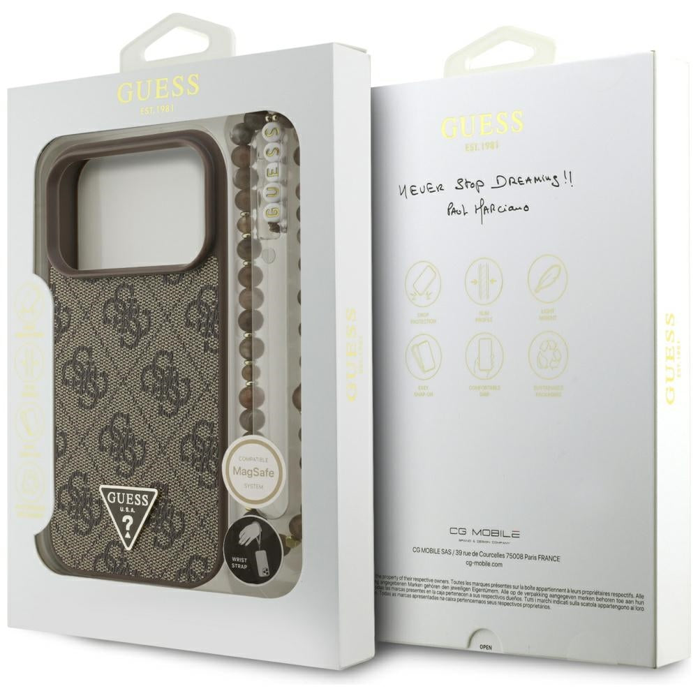 MagSafe cover til Apple iPhone 17 Pro, Guess, 4G Triangle Logo med perlerem, Brun