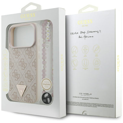 MagSafe Case for Apple iPhone 17 Pro, Guess, 4G Triangle Logo with Pearl Strap, Pink