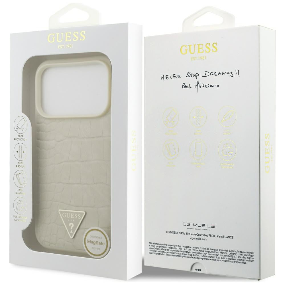 MagSafe cover til Apple iPhone 17 Pro, Guess, Croco Triangle Logo, Gylden
