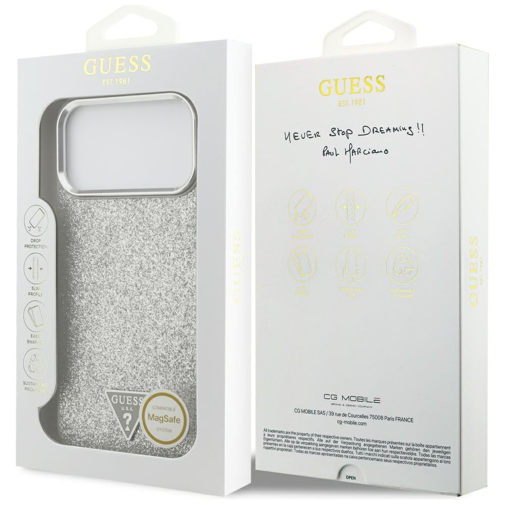 MagSafe cover til Apple iPhone 17 Pro, Guess, Glitter Triangle Logo, Sølvfarvet