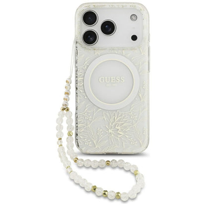 MagSafe cover til Apple iPhone 17 Pro, Guess, IML Flowers Allover Electroplated with Pearl Strap, Hvid