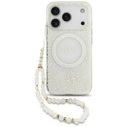 MagSafe cover til Apple iPhone 17 Pro, Guess, IML Flowers Allover Electroplated with Pearl Strap, Hvid