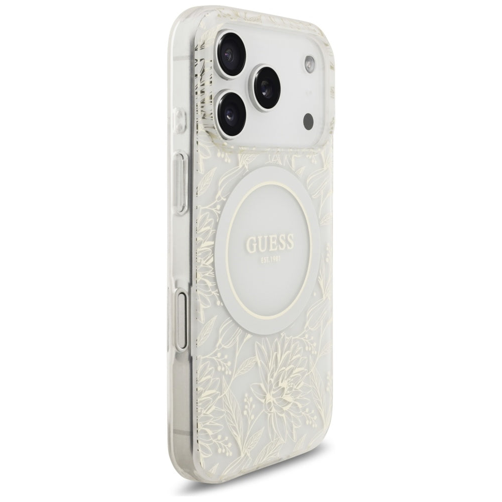 MagSafe cover til Apple iPhone 17 Pro, Guess, IML Flowers Allover Electroplated with Pearl Strap, Hvid