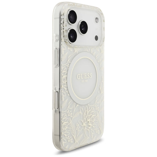 MagSafe cover til Apple iPhone 17 Pro, Guess, IML Flowers Allover Electroplated with Pearl Strap, Hvid