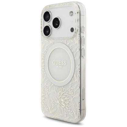 MagSafe cover til Apple iPhone 17 Pro, Guess, IML Flowers Allover Electroplated with Pearl Strap, Hvid