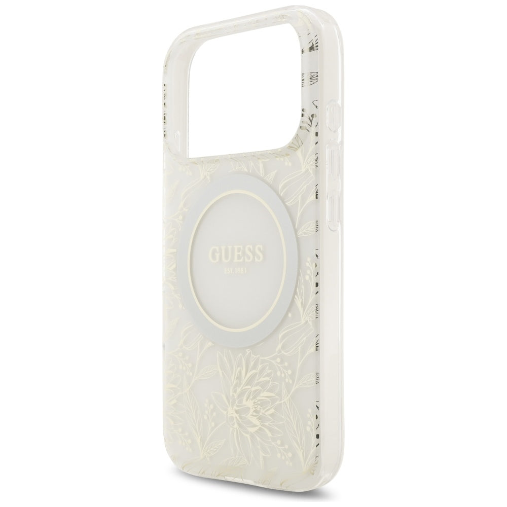 MagSafe cover til Apple iPhone 17 Pro, Guess, IML Flowers Allover Electroplated with Pearl Strap, Hvid