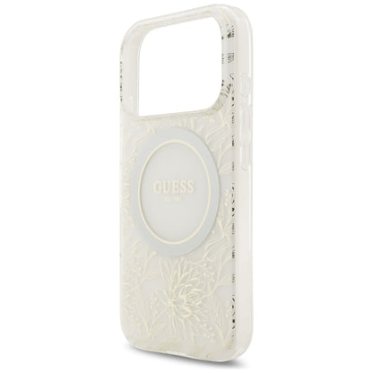 MagSafe cover til Apple iPhone 17 Pro, Guess, IML Flowers Allover Electroplated with Pearl Strap, Hvid