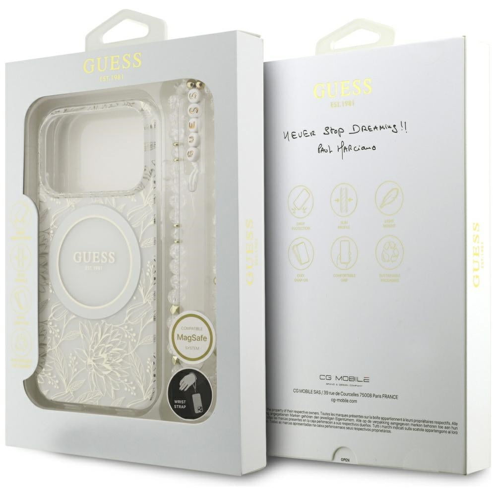 MagSafe cover til Apple iPhone 17 Pro, Guess, IML Flowers Allover Electroplated with Pearl Strap, Hvid