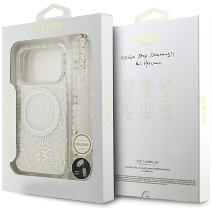 MagSafe cover til Apple iPhone 17 Pro, Guess, IML Flowers Allover Electroplated with Pearl Strap, Hvid