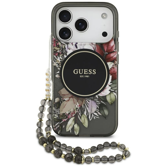 MagSafe cover til Apple iPhone 17 Pro, Guess, IML Flowers with Pearl Strap, Sort
