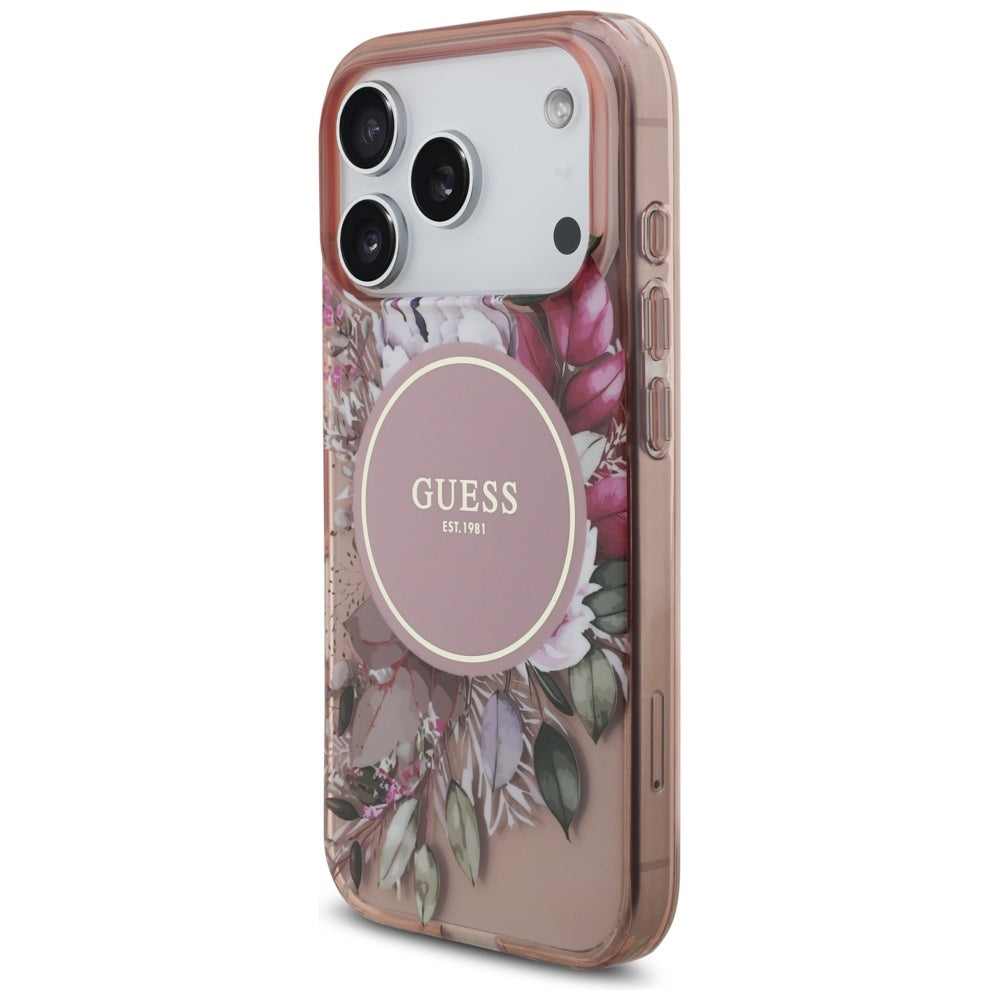 MagSafe cover til Apple iPhone 17 Pro, Guess, IML Flowers with Pearl Strap, Pink