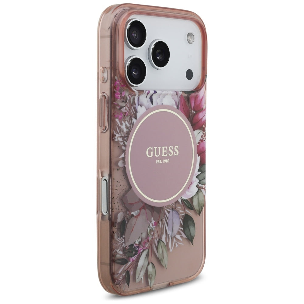 MagSafe cover til Apple iPhone 17 Pro, Guess, IML Flowers with Pearl Strap, Pink