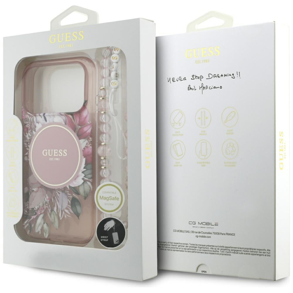 MagSafe cover til Apple iPhone 17 Pro, Guess, IML Flowers with Pearl Strap, Pink