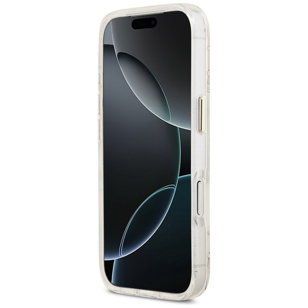 MagSafe cover til Apple iPhone 17 Pro, Guess, IML Metal Glitter Flowers Triangle, Hvid