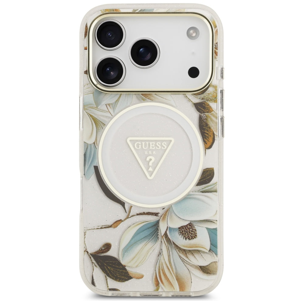 MagSafe cover til Apple iPhone 17 Pro, Guess, IML Metal Glitter Flowers Triangle, Hvid
