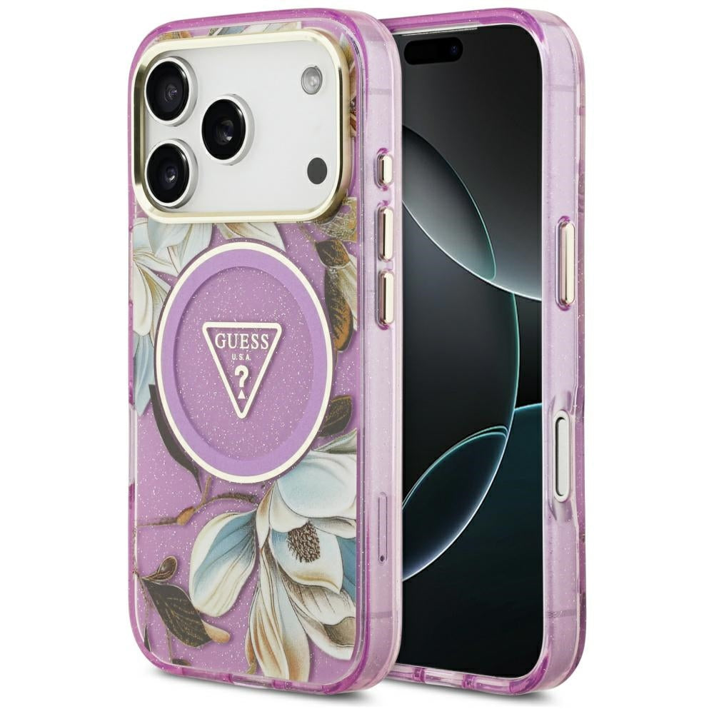 MagSafe cover til Apple iPhone 17 Pro, Guess, IML Metal Glitter Flowers Triangle, Lilla
