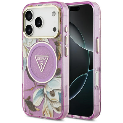 MagSafe cover til Apple iPhone 17 Pro, Guess, IML Metal Glitter Flowers Triangle, Lilla