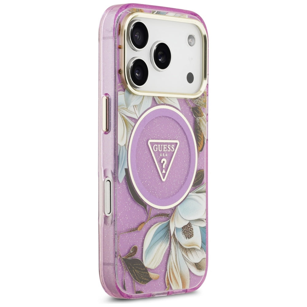 MagSafe cover til Apple iPhone 17 Pro, Guess, IML Metal Glitter Flowers Triangle, Lilla