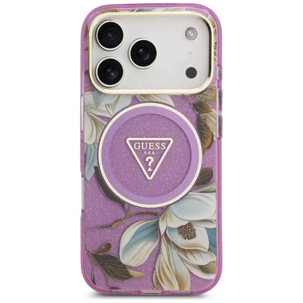 MagSafe cover til Apple iPhone 17 Pro, Guess, IML Metal Glitter Flowers Triangle, Lilla