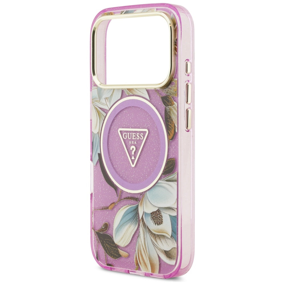 MagSafe cover til Apple iPhone 17 Pro, Guess, IML Metal Glitter Flowers Triangle, Lilla