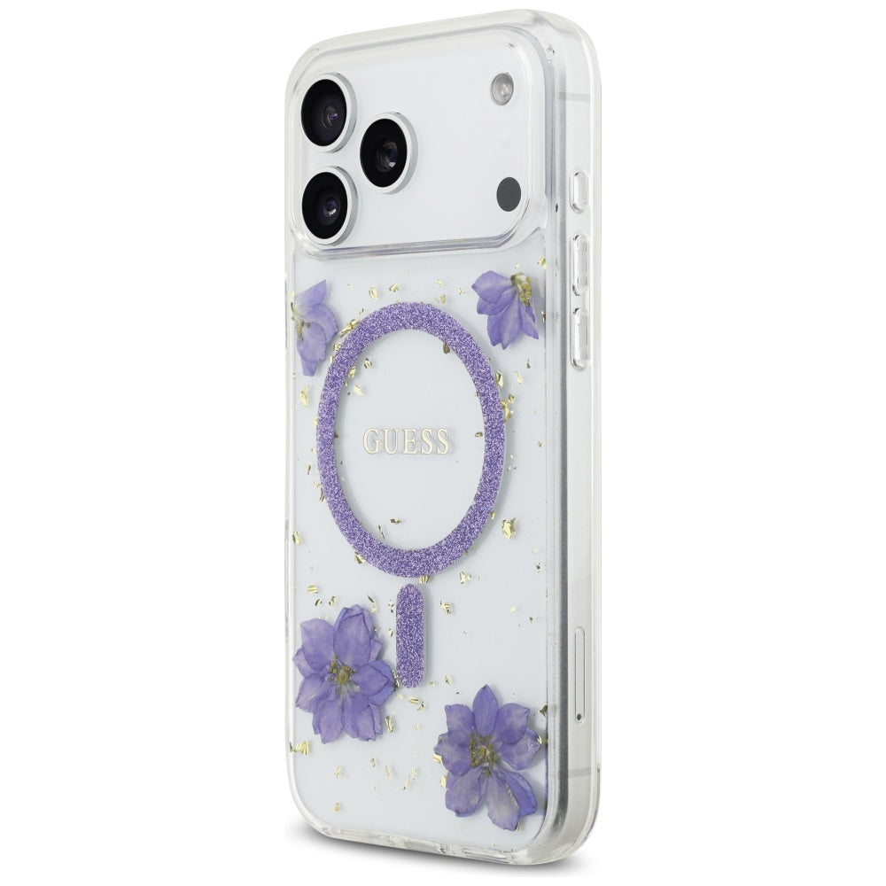 MagSafe cover til Apple iPhone 17 Pro, Guess, Resin Flowers and Glitter, Lilla