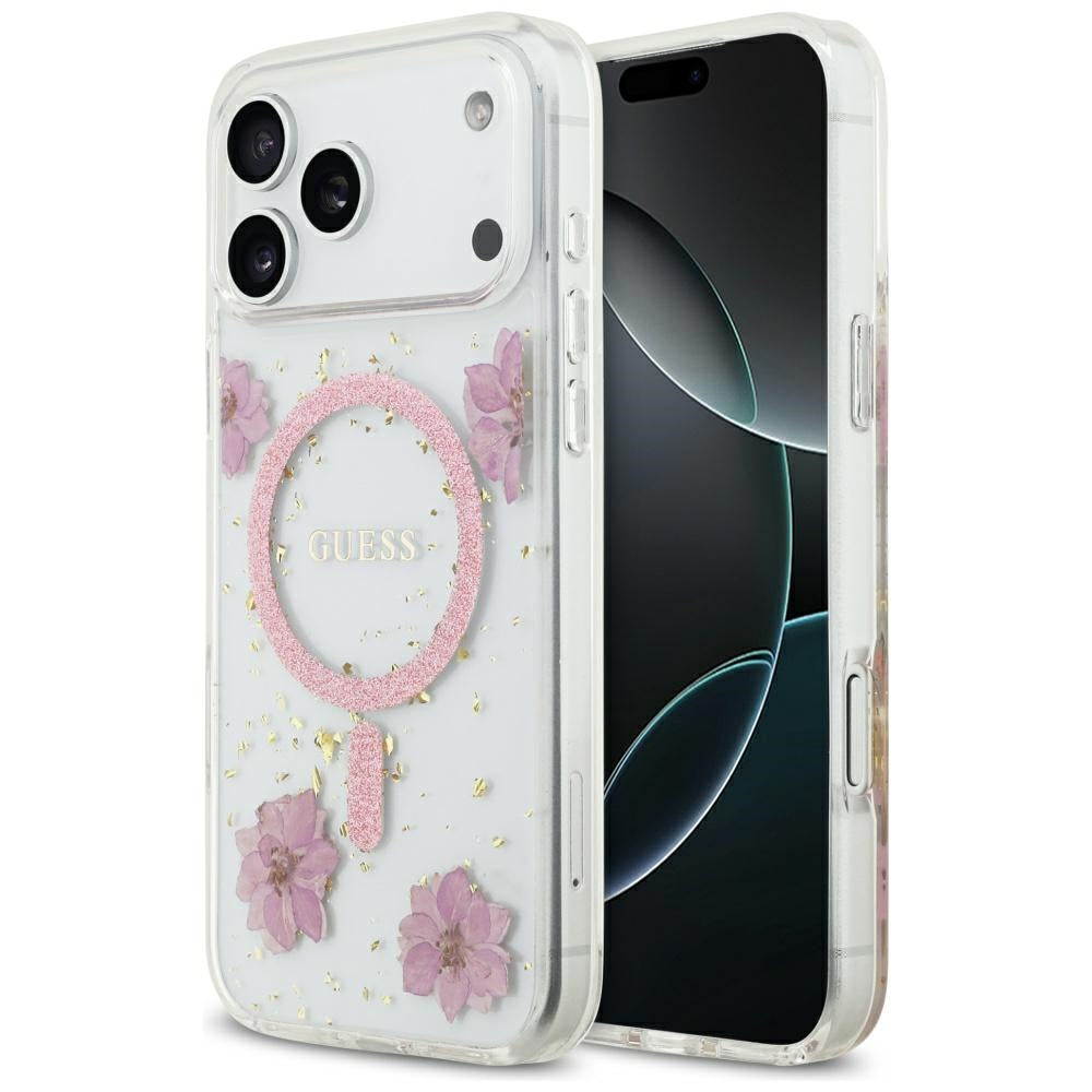 MagSafe cover til Apple iPhone 17 Pro, Guess, Resin Flowers and Glitter, Pink