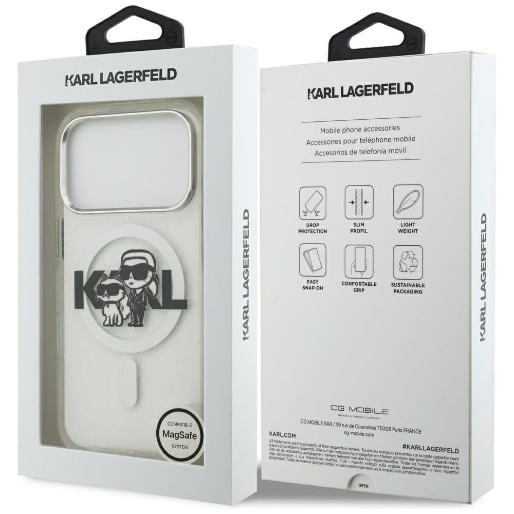 MagSafe cover til Apple iPhone 17 Pro, Karl Lagerfeld, IML Sketch Logo Glitter Karl & Choupette, Transparent