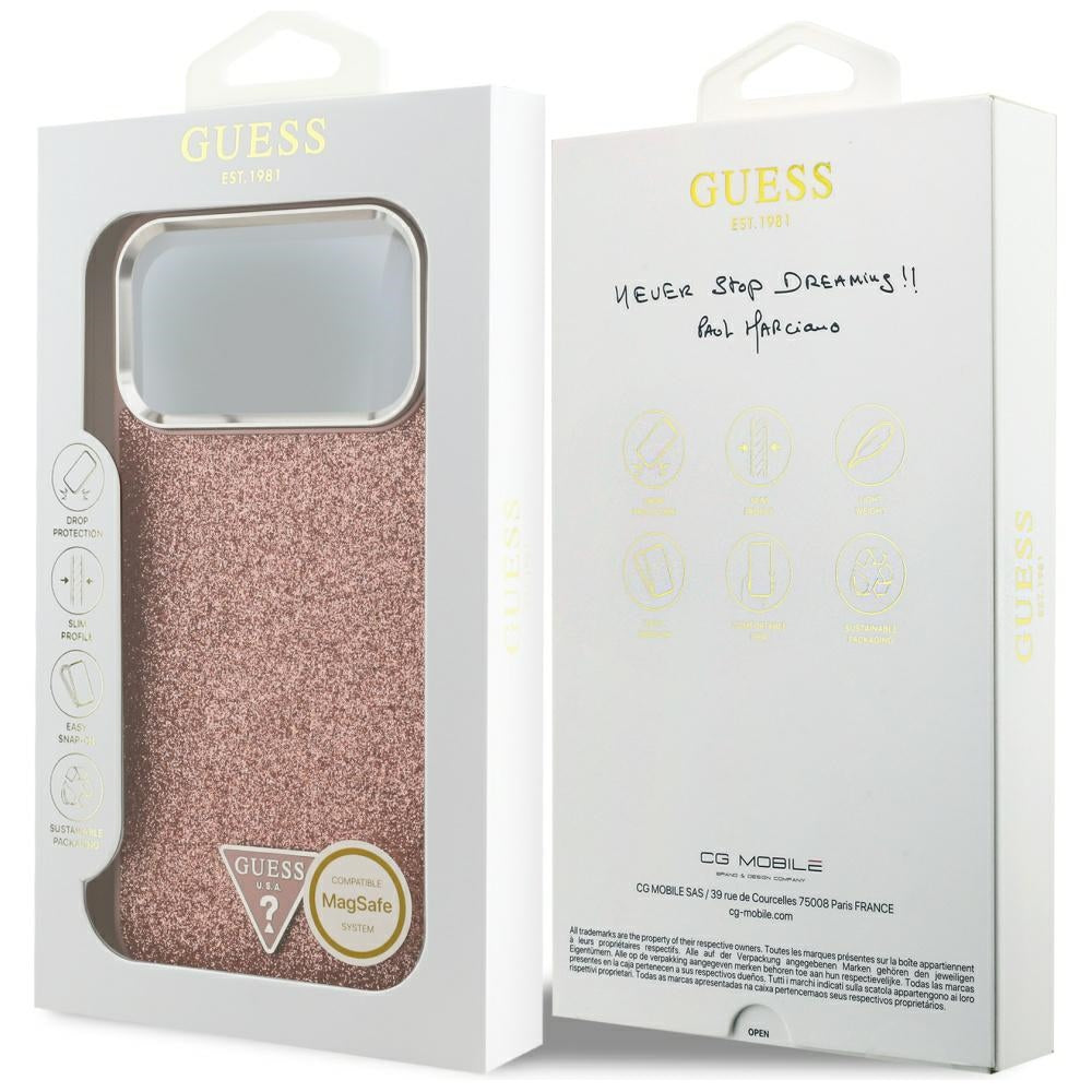 MagSafe cover til Apple iPhone 17 Pro Max, Guess, Glitter Triangle Logo, Pink