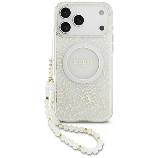 MagSafe cover til Apple iPhone 17 Pro Max, Guess, IML Flowers Allover Electroplated with Pearl Strap, Hvid