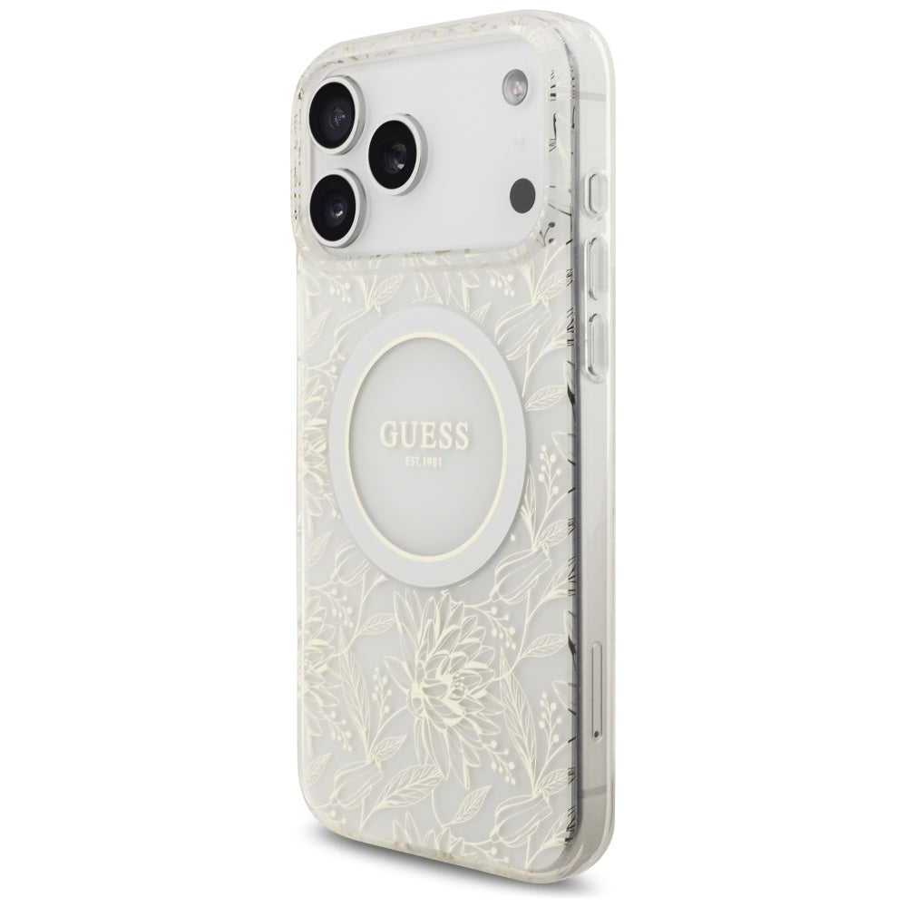 MagSafe cover til Apple iPhone 17 Pro Max, Guess, IML Flowers Allover Electroplated with Pearl Strap, Hvid