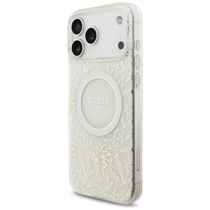MagSafe cover til Apple iPhone 17 Pro Max, Guess, IML Flowers Allover Electroplated with Pearl Strap, Hvid