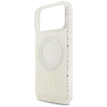 MagSafe cover til Apple iPhone 17 Pro Max, Guess, IML Flowers Allover Electroplated with Pearl Strap, Hvid