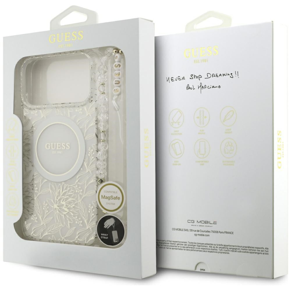 MagSafe cover til Apple iPhone 17 Pro Max, Guess, IML Flowers Allover Electroplated with Pearl Strap, Hvid