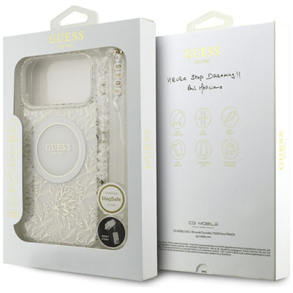MagSafe cover til Apple iPhone 17 Pro Max, Guess, IML Flowers Allover Electroplated with Pearl Strap, Hvid