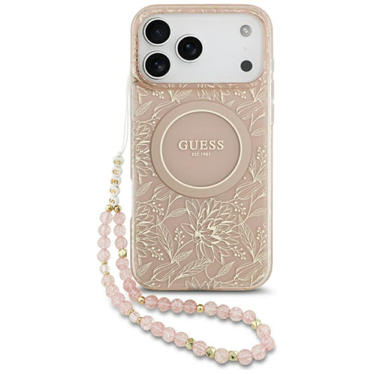 MagSafe cover til Apple iPhone 17 Pro Max, Guess, IML Flowers Allover Electroplated with Pearl Strap, Pink