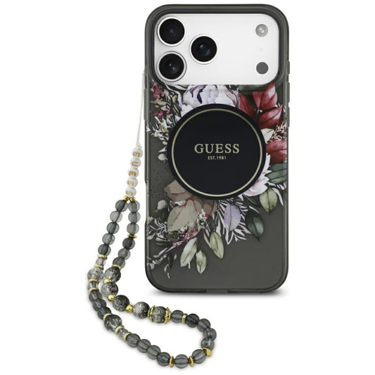 MagSafe cover til Apple iPhone 17 Pro Max, Guess, IML Flowers with Pearl Strap, Sort