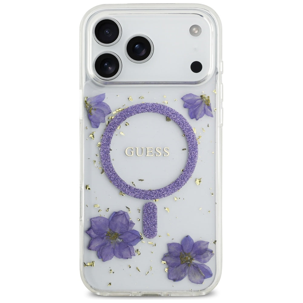 MagSafe cover til Apple iPhone 17 Pro Max, Guess, Resin Flowers and Glitter, Lilla
